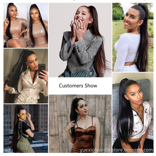 Natural African Girl Silky Straight Human Hair Wrap Around Ponytail Clip In Hair Extensions Black Ponytail for Black Women